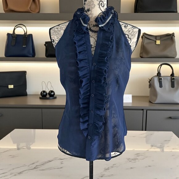 LILLY PULITZER Blue Sheer Ruffle Tank Top Blouse Size 6 - Picture 1 of 7